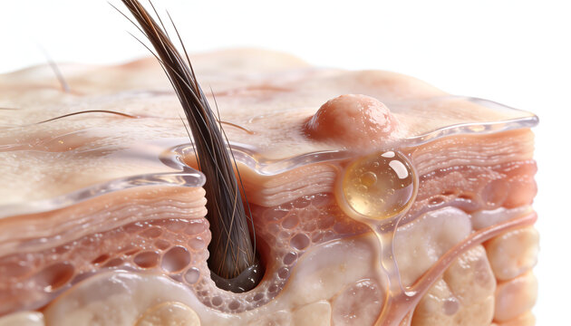 3D medical illustration of human skin cross section showing acne pimple formation sebaceous gland inflammation pore blockage dermatology medical visualization healthcare