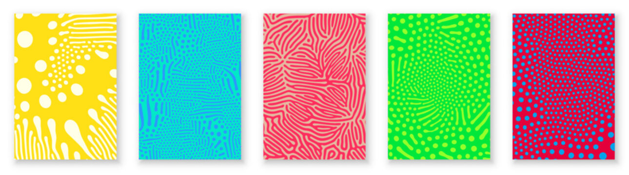 Pattern backgrounds with abstract organic or groovy psychedelic color squiggle lines. Vector organic patterns for modern trendy backgrounds