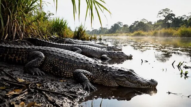 Low angle shot of four large alligators resting on muddy riverbank with tranquil water and lush vegetation
