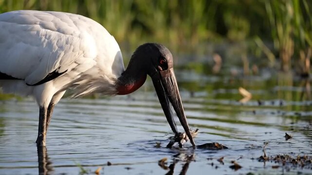 Jabiru stork hunting for fish in wetland environment with a black head, red neck, and white body, wildlife behavior