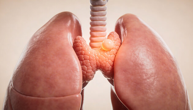 3D medical illustration of thyroid gland with lungs showing goiter enlargement endocrine system anatomy respiratory structure medical visualization healthcare education