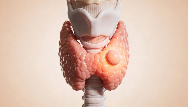 3D medical illustration of thyroid gland showing tumor nodule cancer larynx trachea anatomy endocrine system medical visualization oncology healthcare education