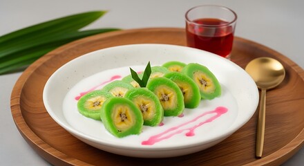 High-resolution food photography of traditional Indonesian Es Pisang Ijo served in a white ceramic bowl placed on a round wooden tray,