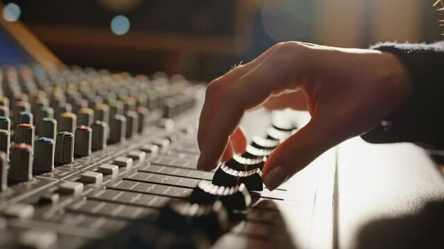 Close-up of a hand adjusting faders on a mixing console in a recording studio environment