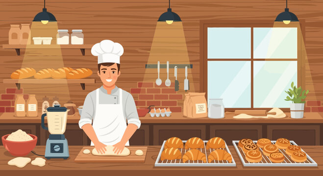 Baker kneading dough in a bakery preparing bread.