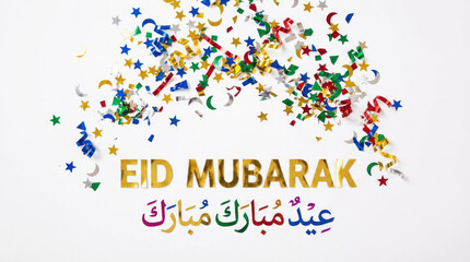 Eid mubarak text with colorful confetti scattered around the lettering on a white background product shot isolated