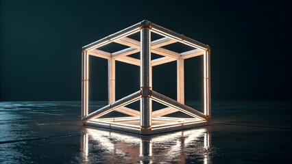 Illuminated Geometric Cube Frame Structure Floating in Dark, Reflective Environment