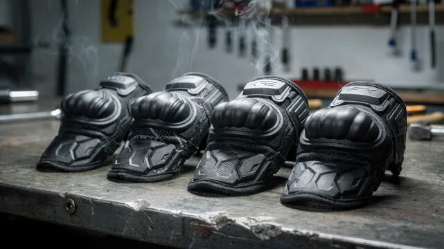 Medium shot of heatmolded thermoplastic glove shells cooling on a workbench highlighting their rigid structure designed for highimpact hand protection.