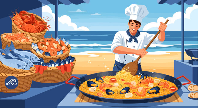 Chef cooking paella on the beach with fresh seafood.