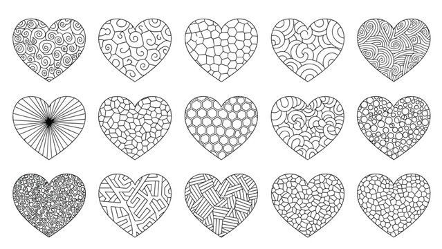 Comprehensive collection of fifteen heart shapes each filled with a unique black and white patterned design including swirls, grids, and geometry.