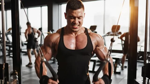 Focused Muscular Bodybuilder Concentrating While Performing Cable Fly Exercise in a Modern Gym