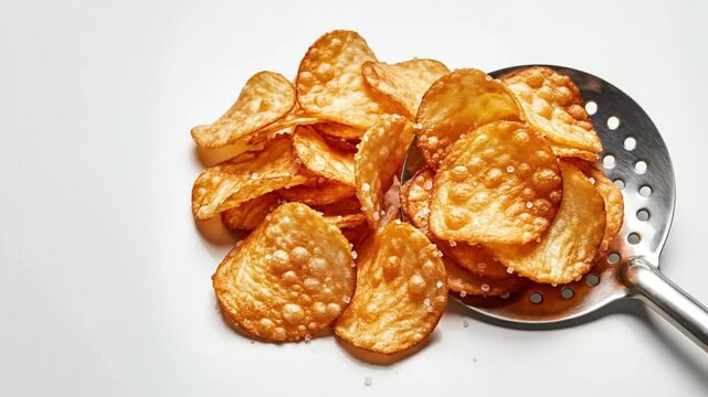 Making Fresh Potato Chips: Sliced Potatoes, Mandoline, Finished Crisps, and Slotted Spoon on White Background