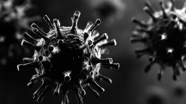 Microscopic virus particle with spikes on the surface. Concept of infection, disease and biological research.