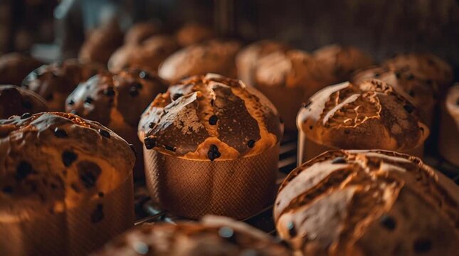 Chocolate chip muffin baked bakery pastry fresh bread dessert warm golden chocolate chip panettone loaf cooling rack cozy bakery atmosphere inviting