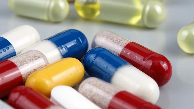 Different types of pills and capsules on a table