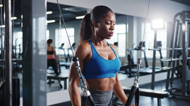 Focused Muscular Black Woman Working Out in a Modern Gym Doing Chest Fly Exercise