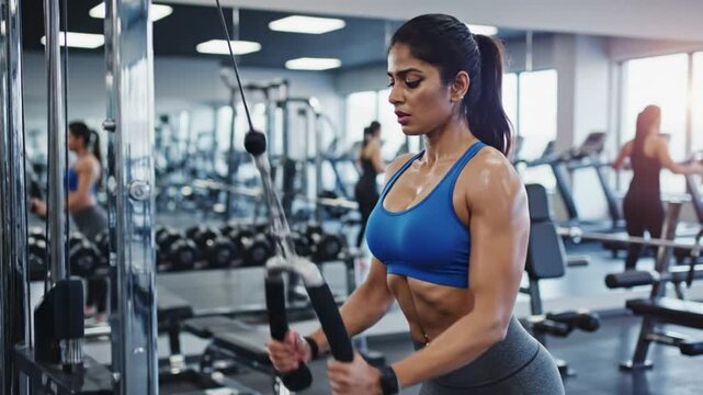 Focused woman exercising at the gym doing tricep pushdowns with cable machine for fitness goals