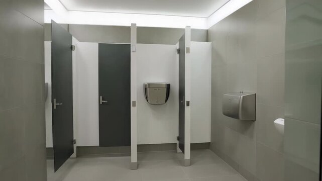 Interior of a modern public restroom with toilet partitions hand dryers and neutral tones exemplifying cleanliness