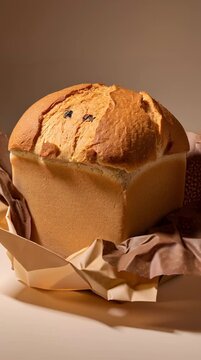 Crusty artisan loaf and soft golden panettone wrapped brown paper with decorative crust and top, bakery style warm lighting, cozy festive indulgence