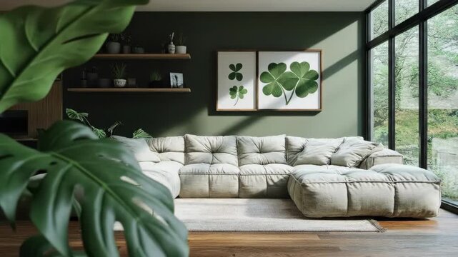 Cozy green living room with l-shaped couch and botanical art decor. Saint Patrick's Day, St Paddy's Day, St Patty's Day - Irish National Holiday and Cultural Celebration