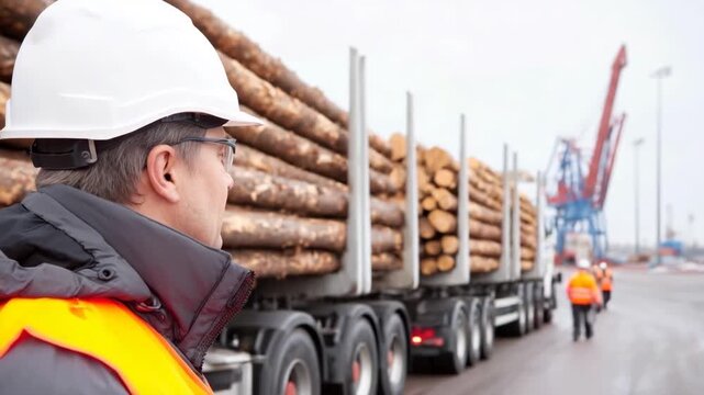 Workers manage timber at the port in cold weather