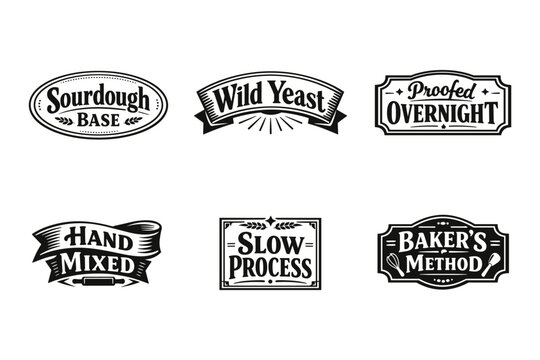 Vintage bakery labels illustrating sourdough, wild yeast, overnight proof, hand mixed, slow process, baker's method