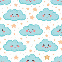Fototapeta premium Cute cartoon clouds with smiling faces and stars on a white background.