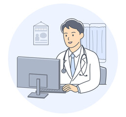 病院のパソコンの前でオンライン診療をする男性医師