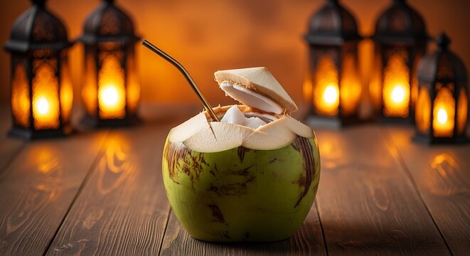 coconut, young, green, tropical, drink, beverage, refreshment, hydration, natural, organic, fresh, shell, straw, opening, water, clear, transparent, condensation, droplets, texture, wooden, table, rus