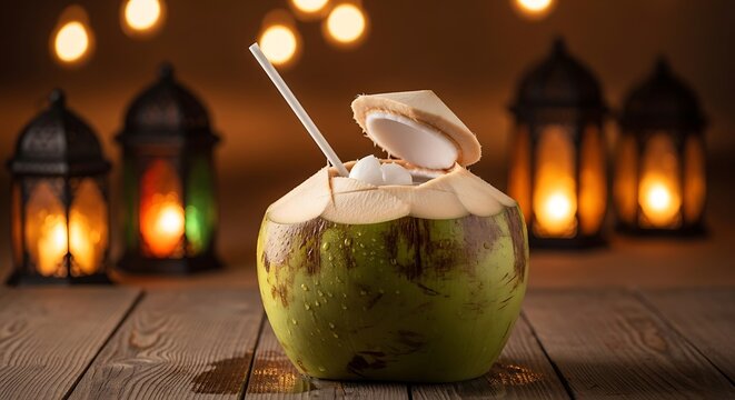 coconut, young, green, tropical, drink, beverage, refreshment, hydration, natural, organic, fresh, shell, straw, opening, water, clear, transparent, condensation, droplets, texture, wooden, table, rus