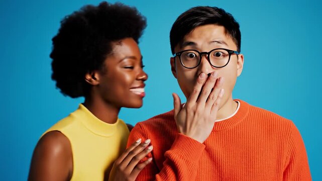 Young woman kisses surprised man on cheek. Fun romantic moment with diverse couple. Great for social media content or dating app advertisements.