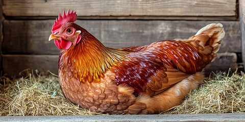 Rustic Farm Scene Featuring a Brooding Hen Nesting Comfortably in a Cozy Coop with Eggs