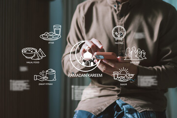 Man holding smartphone with digital connectivity, modern lifestyle, religious convenience, interactive faith, community engagement, and technological spirituality using a smartphone and Ramadan icons.