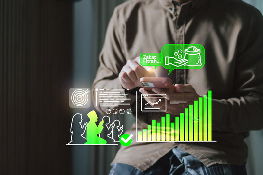 Person using mobile phone for Islamic alms giving with digital charts and icons. Ethical finance, measurable impact, transparent charity, social justice, digital transformation.