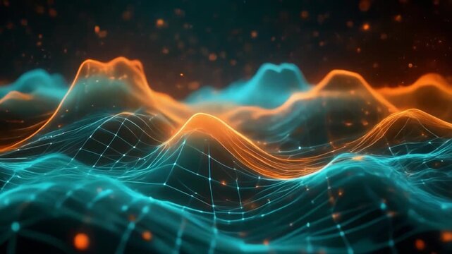 Cyan orange data clouds colliding softly luminous wave seamless futuristic surreal ambience cascading softly glowing abstract unique style ultra realistic loop