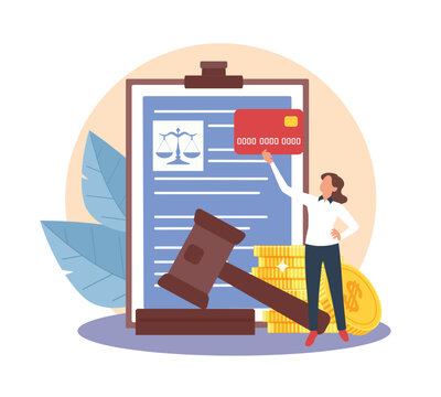 Woman pays debt by court order. Payment of fine by credit card, collection of funds, law billing and monetary obligations, penalties settlements, invoicing vector cartoon isolated concept