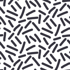 Small dash scrawl monochrome seamless pattern. Black and white scribble sprinkles background. Simple confetti repeated wallpaper. Short lines vector surface design. Spots illustration print design.