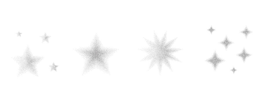 Grain noise gradient stars and stardust. Blinks with stippled texture. Sparkling grainy gradation effects dynamic graphic design with spray-painted aesthetic noise overlay. Vector set isolated.