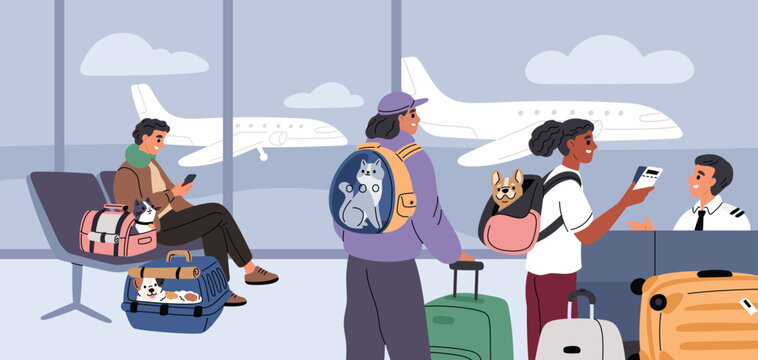 Pets check in flight. People and animals in carriers in airport lounge, owners with cute cats and dogs traveling, checkpoint at terminal, boarding cartoon isolated garish vector concept