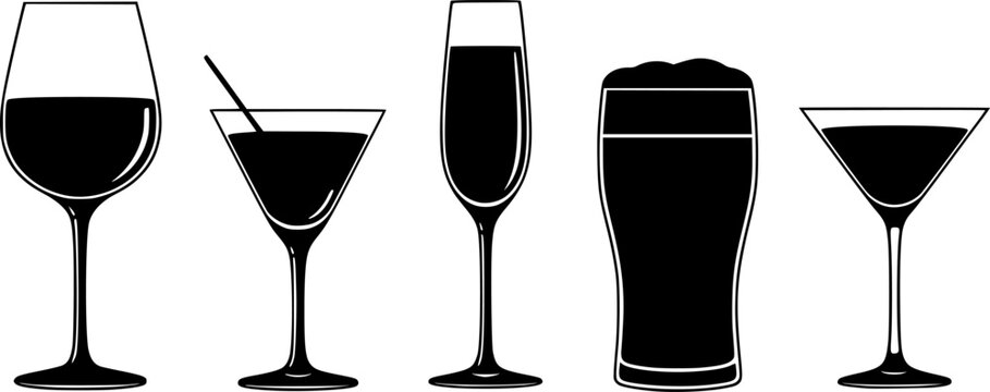 Collection of different drinking glass silhouettes vector illustration, wine glass, cocktail glass, champagne glass, beer glass, martini glass, and beverage cup design
