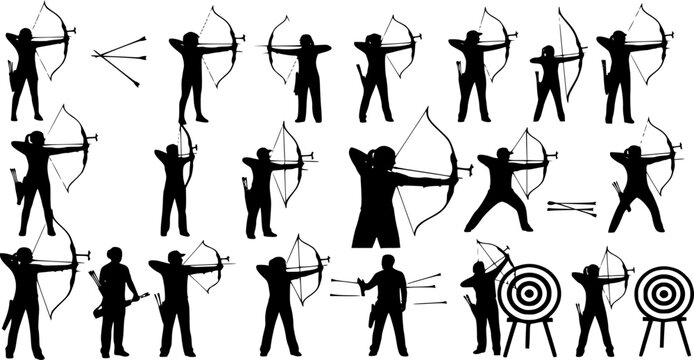 Archery silhouettes, bow and arrow sport, archers aiming at target, competitive shooting, precision training, outdoor activity, black vector illustration set