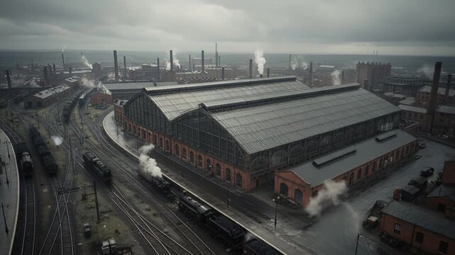 Historical Industrial Station With Rusted Wagons And Steaming Engines