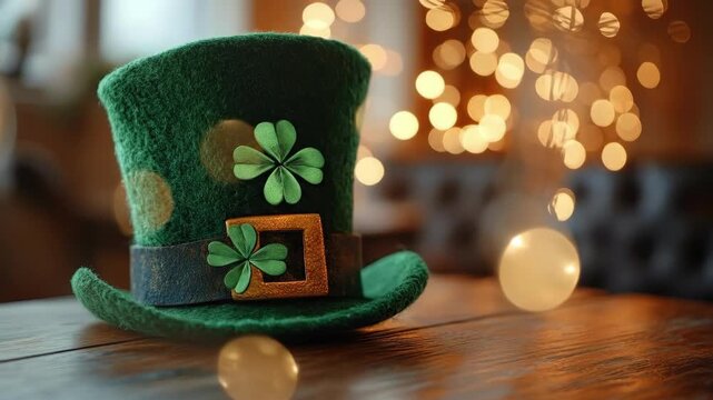Festive green hat with clovers for st. patrick's day celebration. Saint Patrick's Day, St Paddy's Day, St Patty's Day - Irish National Holiday and Cultural Celebration