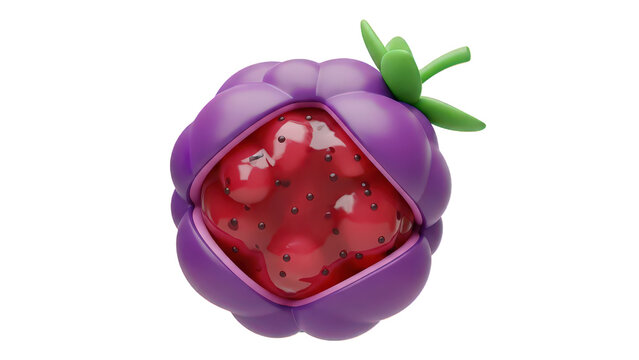 Stylized 3d rendering of a vibrant purple berry with a cutaway revealing juicy red fruitlets and tiny