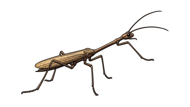 Cartoon illustration of a brown stick insect (Phasmatodea) isolated on white.