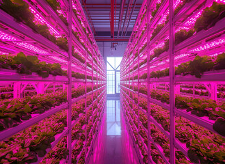 A wide-angle photograph of a futuristic indoor vertical farming facility utilizing purple LED grow lights and hydroponic technology to grow leafy greens.