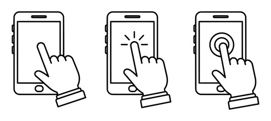 User Engagement: Illustrated depiction of interactions with a sleek smartphone screen, illustrating touch, click, and tap gestures for interactive communication. 