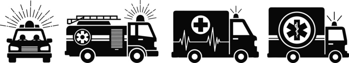 Emergency vehicle silhouette, police car, fire truck, ambulance, medical transport, public safety, rescue unit, emergency response, healthcare support, black illustration © Sandra Weiss