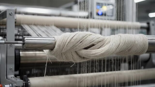 Medium shot showcasing yarn doubling and twisting process creating knitting yarn highlighting soft fibers intertwining smoothly on automated equipment.