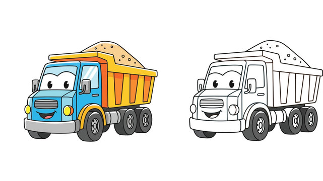 Cute cartoon dump truck coloring book page. Vector illustration of a funny construction vehicle with a face. Colored and outline version isolated on white background for kids education.